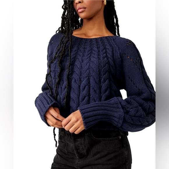 Free People Sweaters - NWT Free People Cable Knit Sweater Navy Blue scooped Neck Ripped Cuff Size XS/S